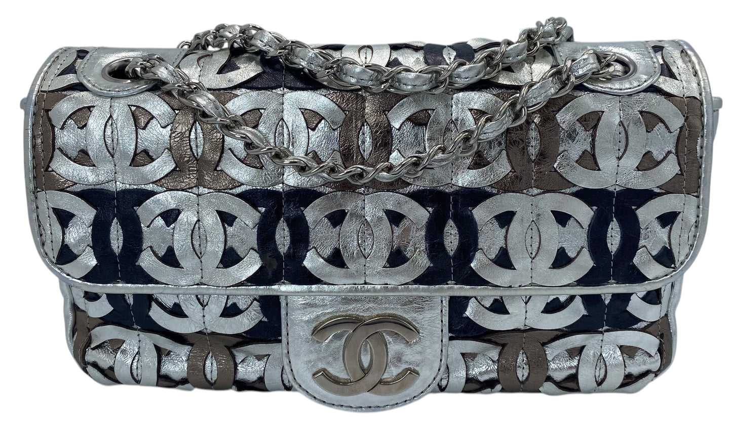 Chanel 08P CC Cutout Silver Metallic Limited Edition Medium Flap Bag