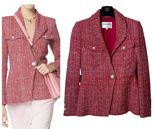 Chanel 19C La Pausa Red Tweed Pearl Jacket FR 38