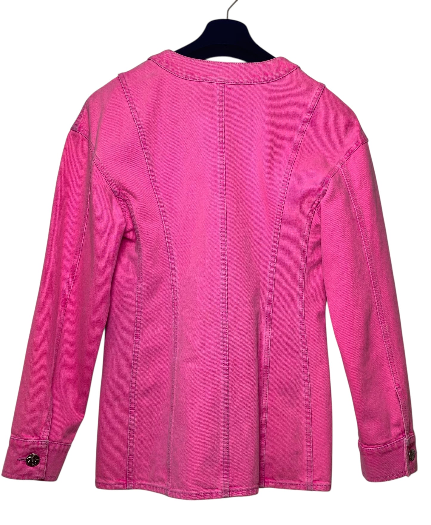 Chanel 21S Two Camellia Bright Neon Pink Denim Jacket FR 36
