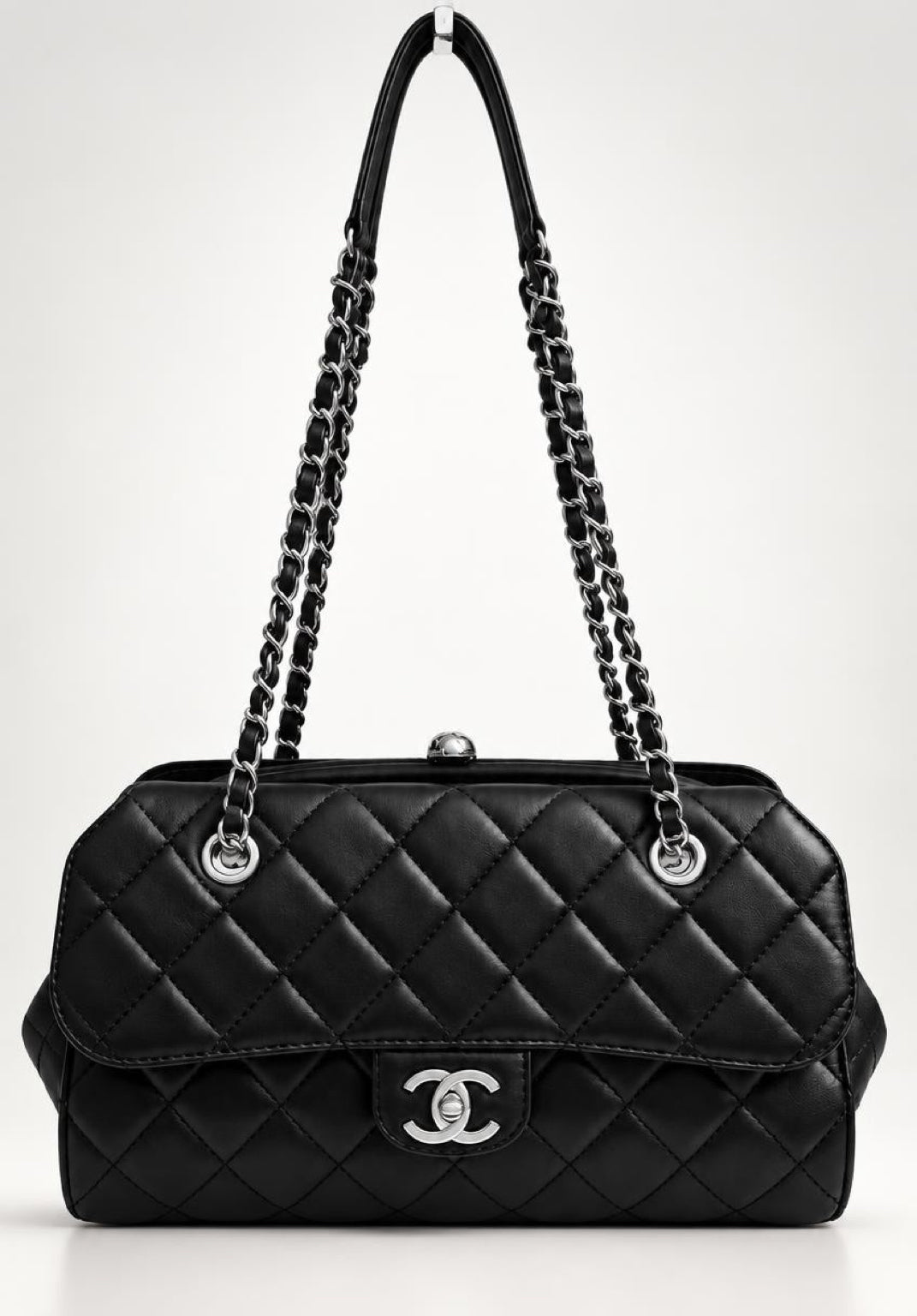 Rare Chanel Classic Black CC Kisslock Lambskin Frame Compartment Timeless Bag
