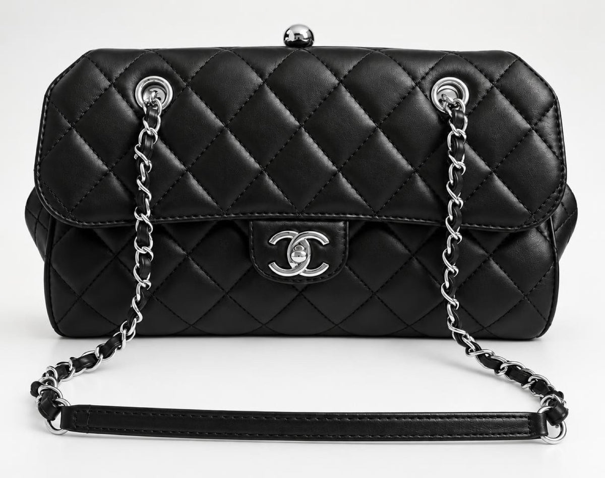 Rare Chanel Classic Black CC Kisslock Lambskin Frame Compartment Timeless Bag