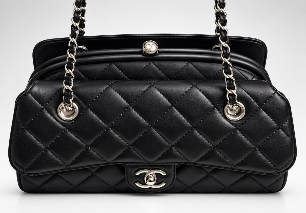 Rare Chanel Classic Black CC Kisslock Lambskin Frame Compartment Timeless Bag