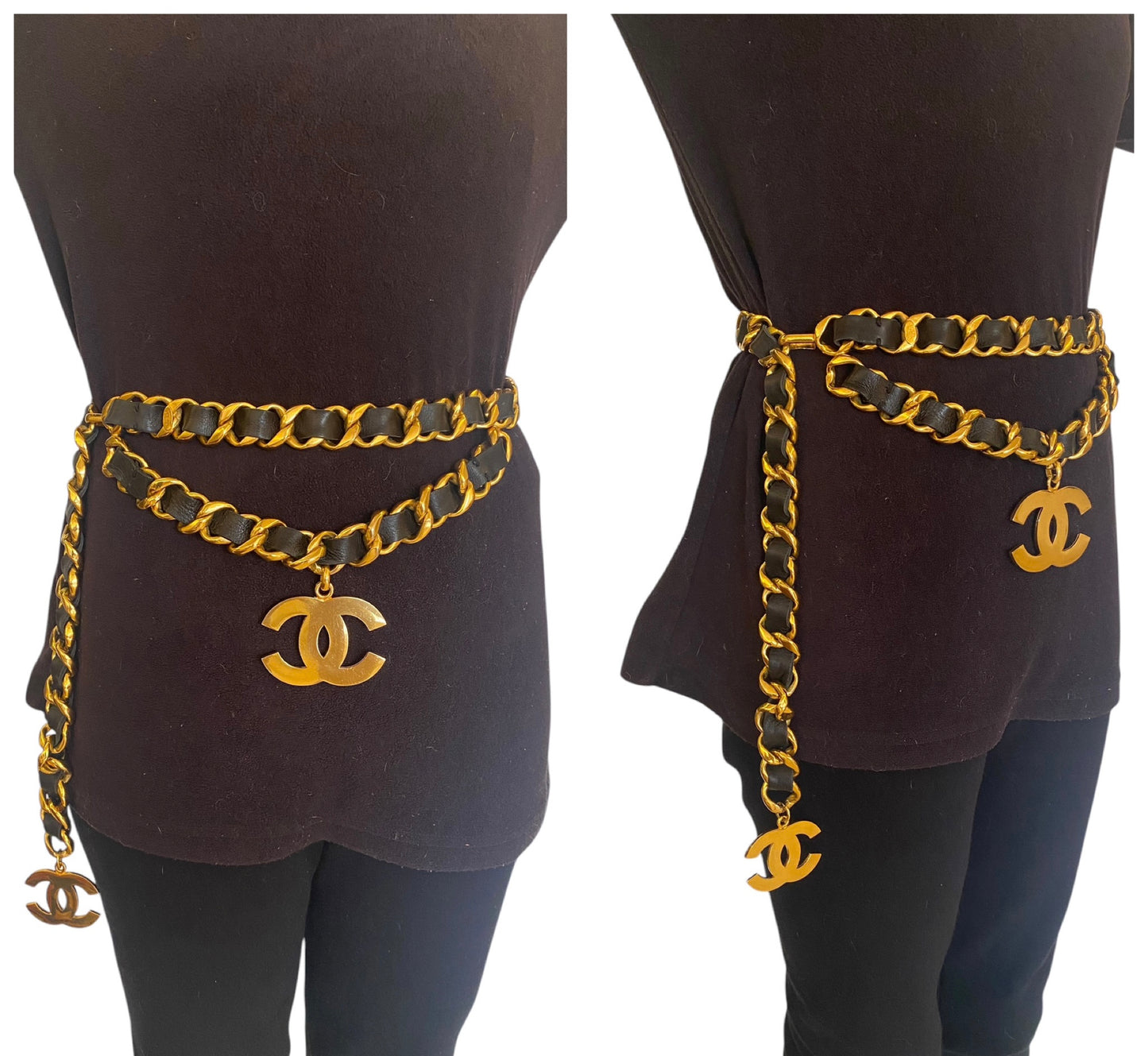 Iconic Vintage Chanel 93P Jumbo Gold Chain CC Logo Black Leather Belt Necklace