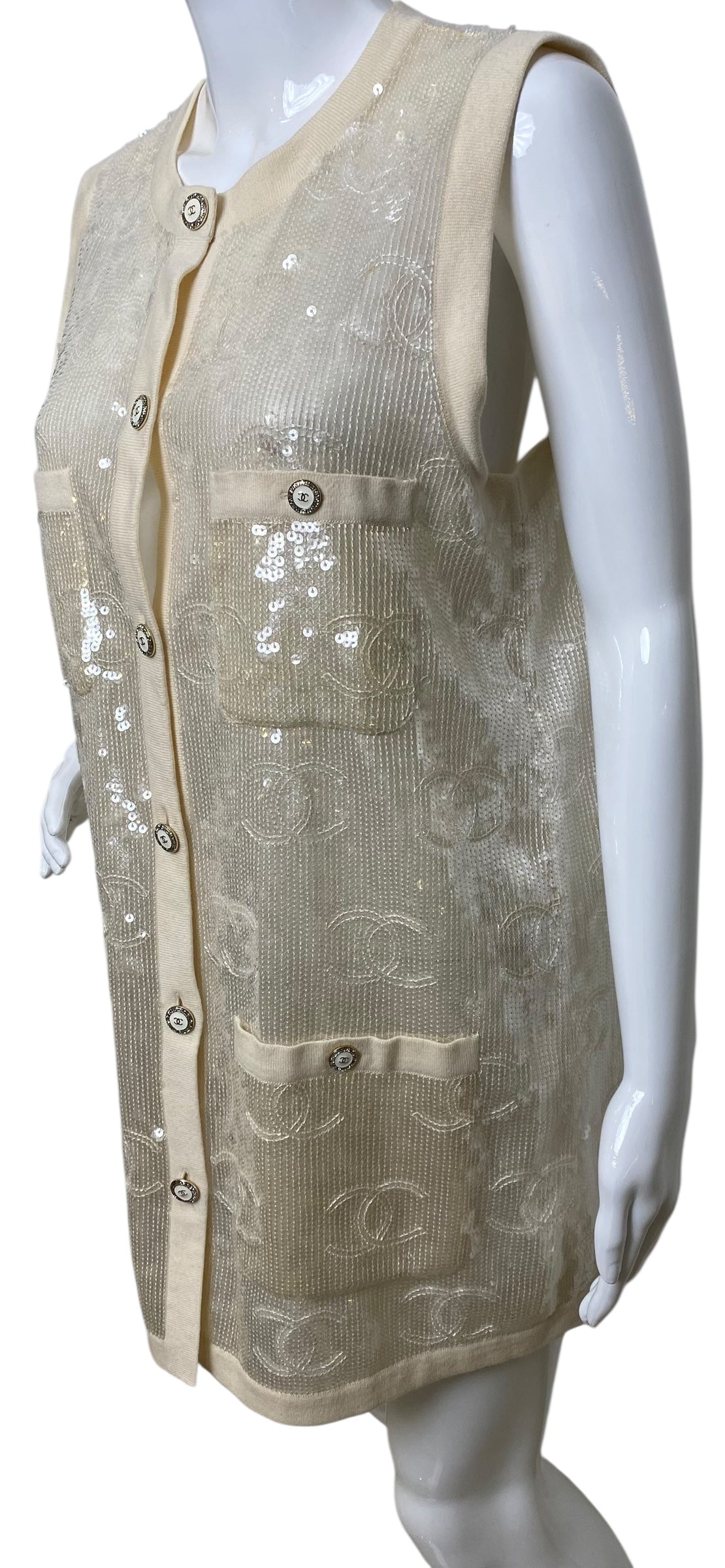 Rare Chanel 22S CC Sequin Cream Iridescent Vest Mini Dress Waistcoat Cardigan FR 40