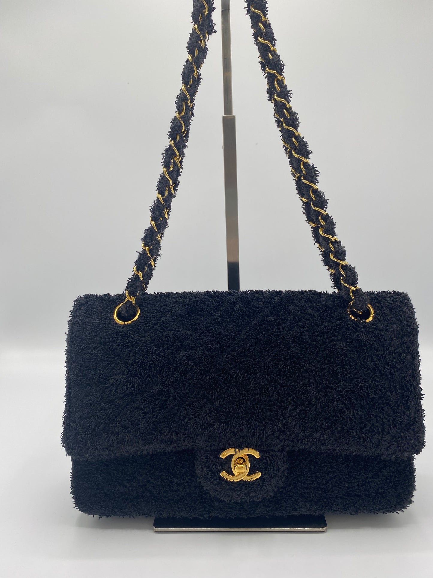Rare Chanel 1994 Medium Black Terry Cloth Flap Bag