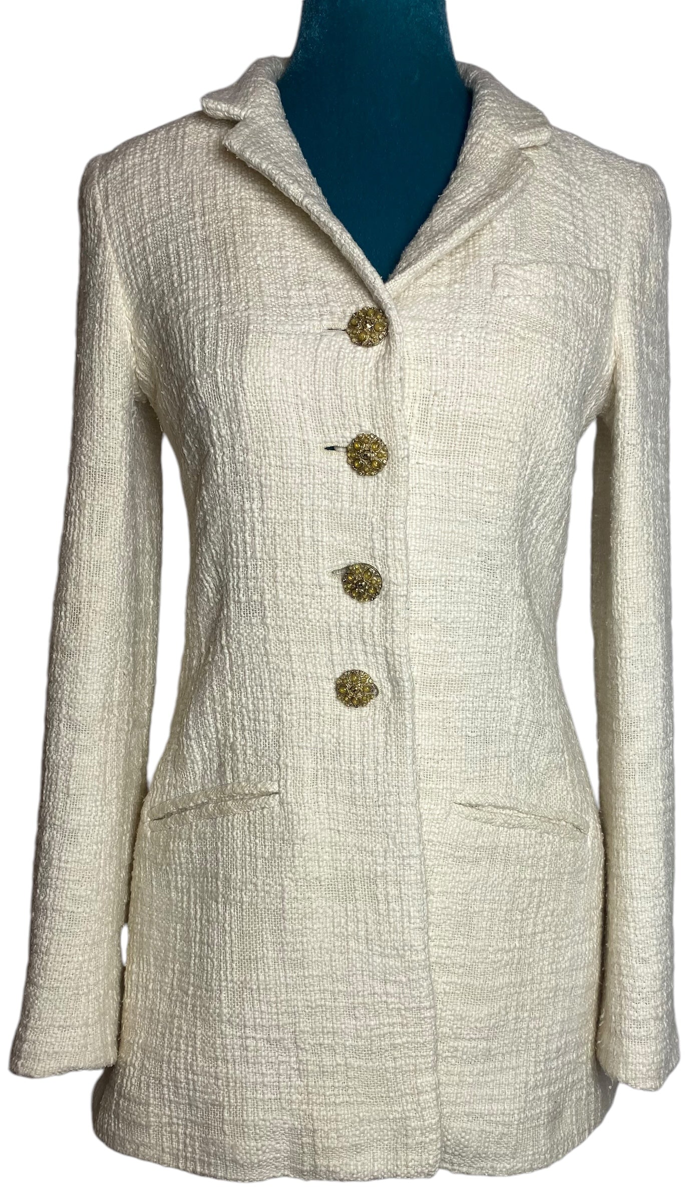 Chanel 12A Paris-Bombay Runway Ivory Ecru Cotton Tweed Blazer Long Jacket FR 38