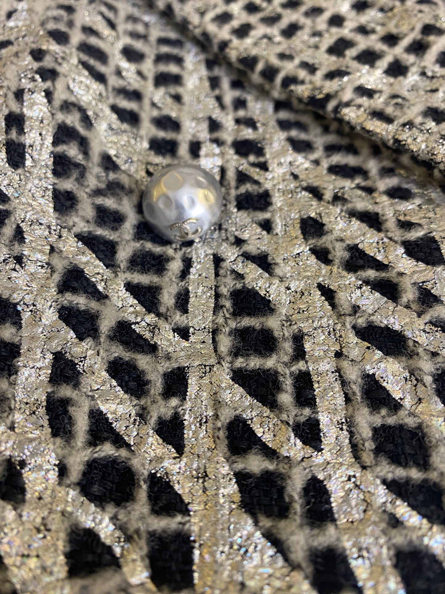 Chanel 12P Double Breasted Silver Metallic Graffiti Black Removable Pearls Jacket FR 36