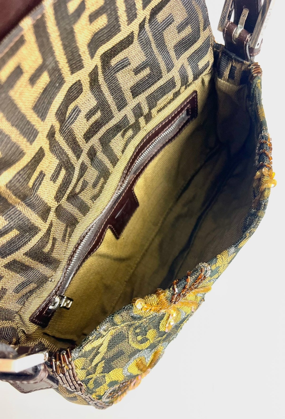 Rare Fendi Vintage Floral Lace Bead Embroidered Classic Zucca Baguette Bag