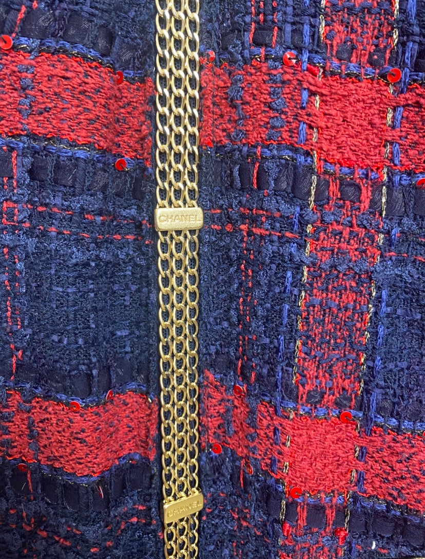 RARE CHANEL 08P RUNWAY BLUE RED GOLD CC CHAINS TWEED JACKET FR 44