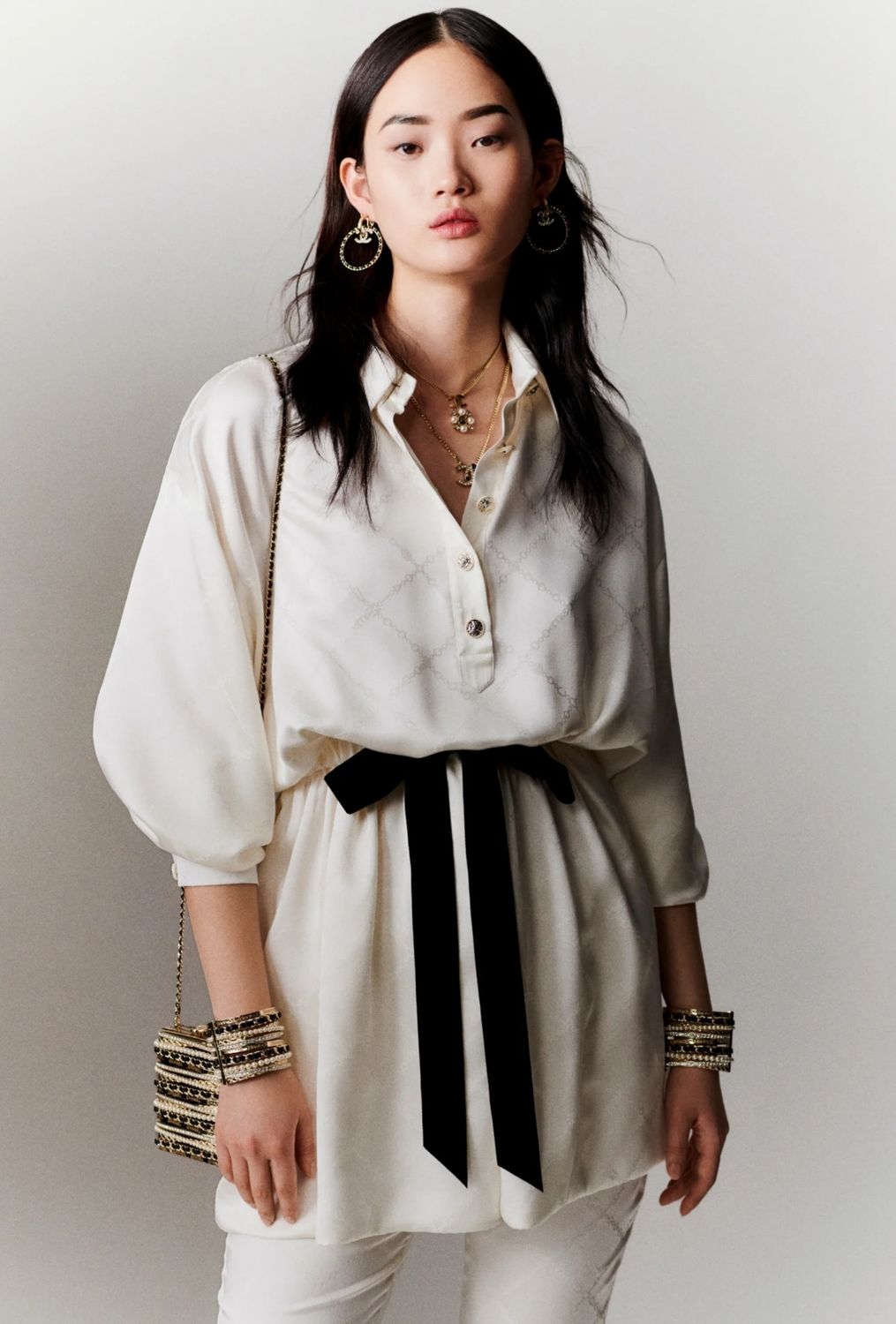 Chanel 23C Ecru Jacquard Silk CC Logo Velvet Bow Blouson Dress FR 40