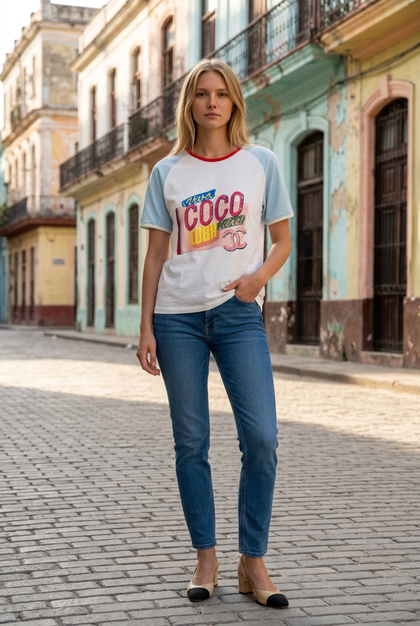 Chanel 17C CC Viva Coco Cuba Libre Baby Blue Multicolor Tee Shirt Size M