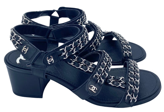 Chanel 2019 Black Leather Chain Link CC SlingBack Sandal Heels EU 40