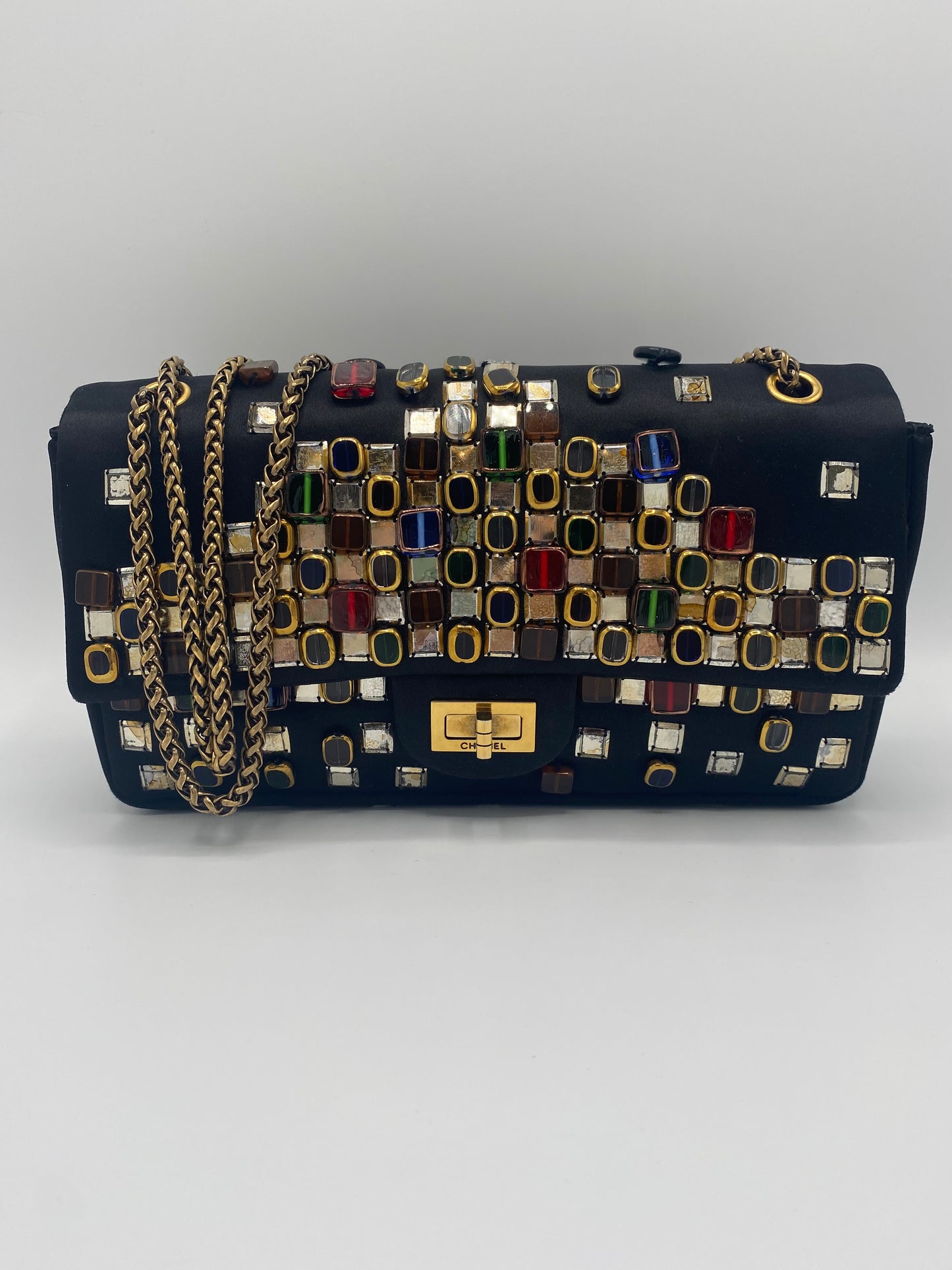 Chanel Limited Edition Paris Byzance Black Satin Gripoix 2.55 Reissue Medium Flap Bag