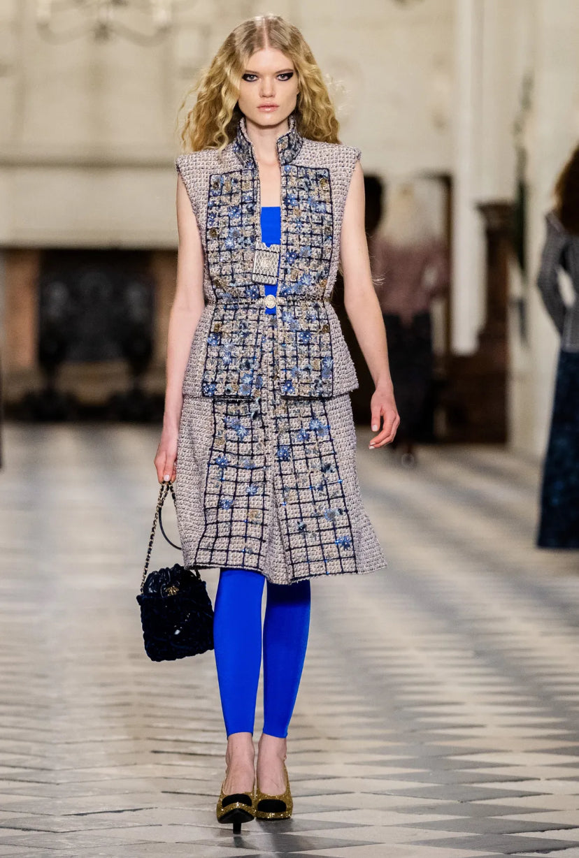 Chanel 21A Runway Royal Blue Sequin Logo Cropped Top Blouse FR 38