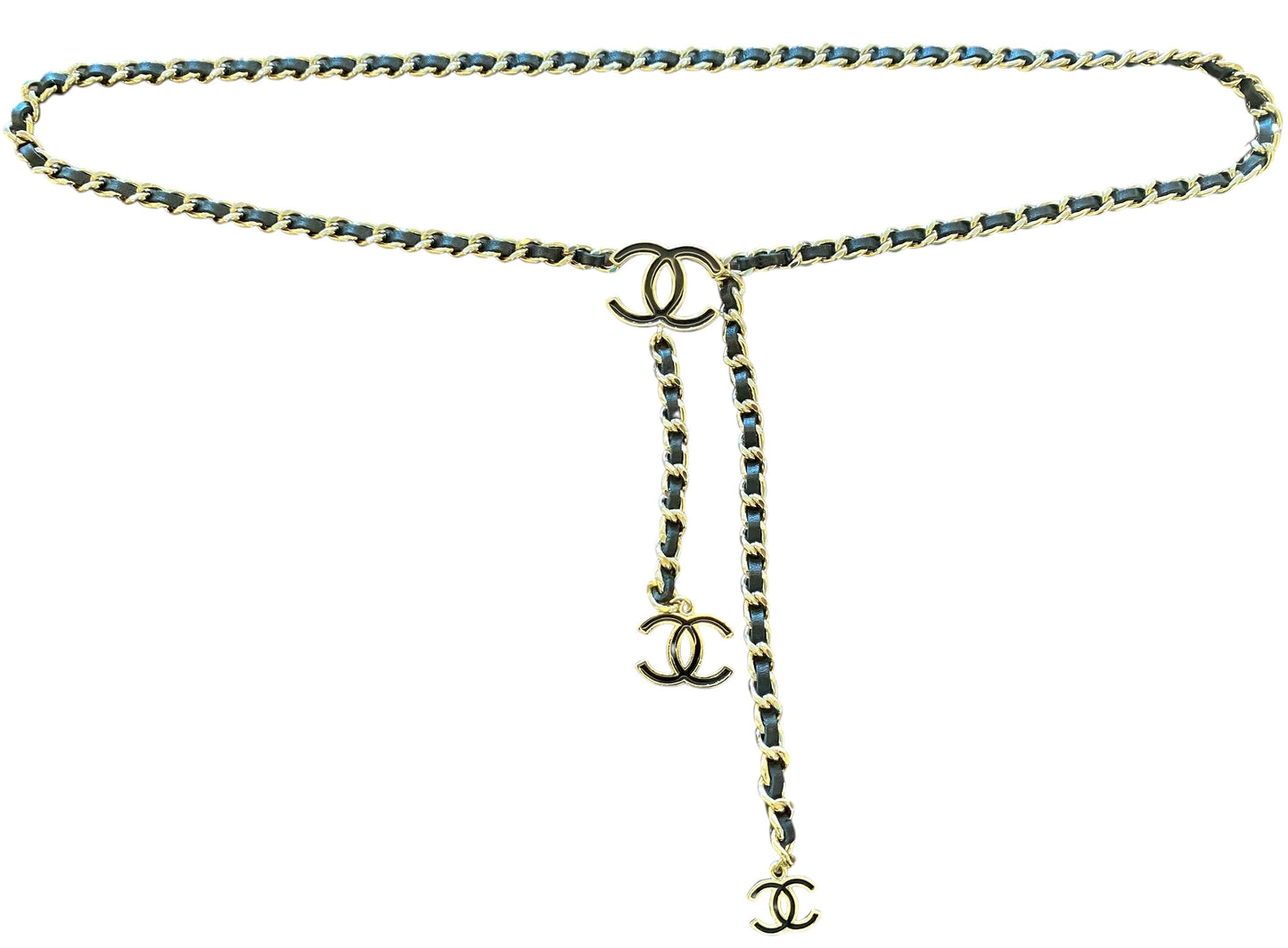 Chanel 2014 Black Leather CC Charm Gold Tone Chain Belt/Necklace