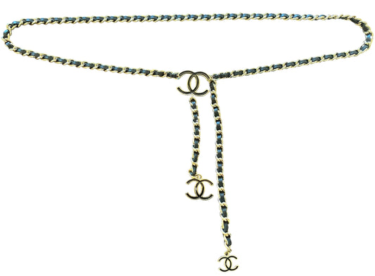 Chanel 2014 Black Leather CC Charm Gold Tone Chain Belt/Necklace