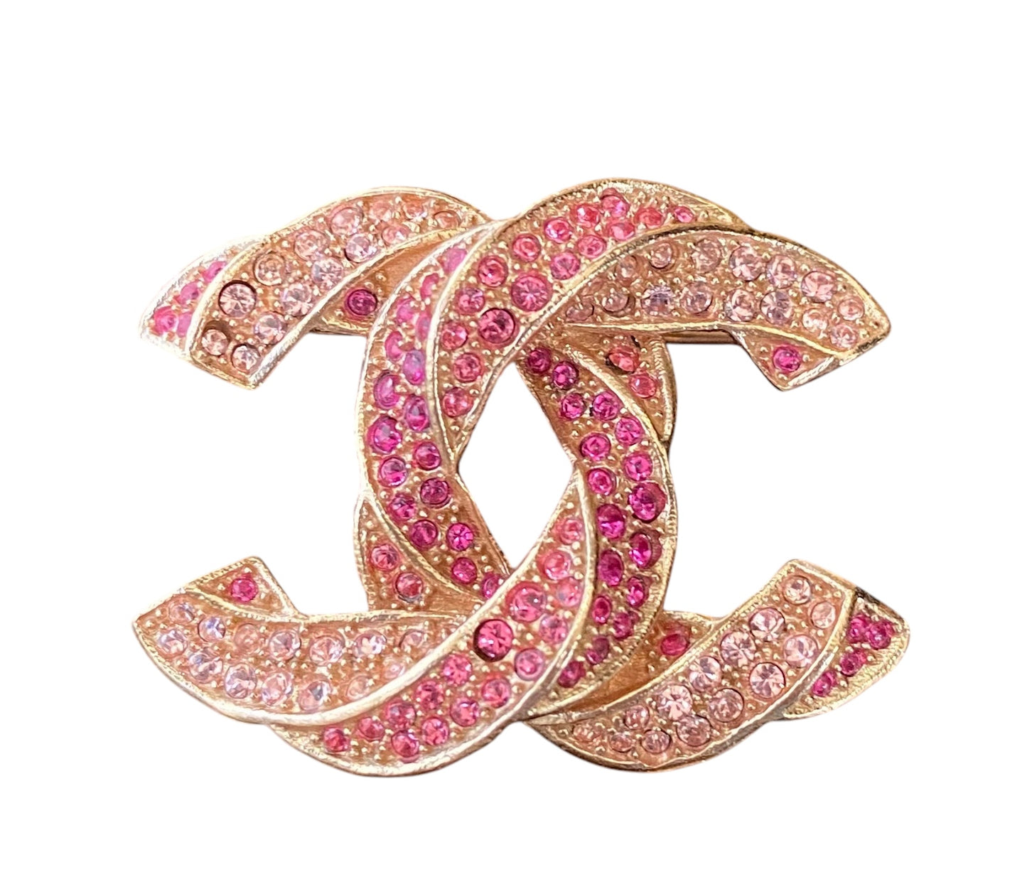 Chanel 2016 Pink Crystal Twisted CC Brooch Rose Gold
