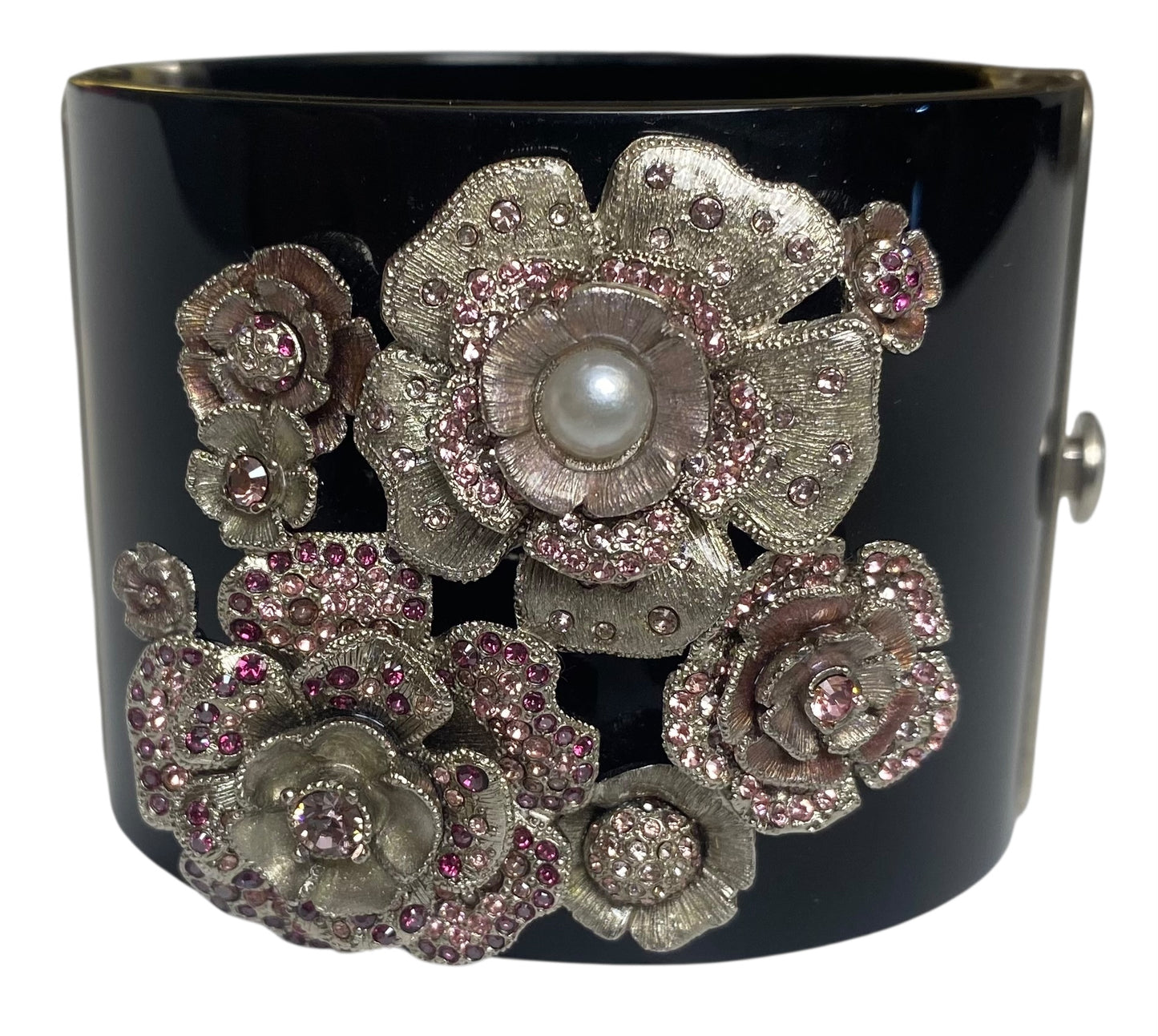 Rare Chanel 12P Black Pink Crystals Camellia Flower Double Sided CC Cuff Bracelet
