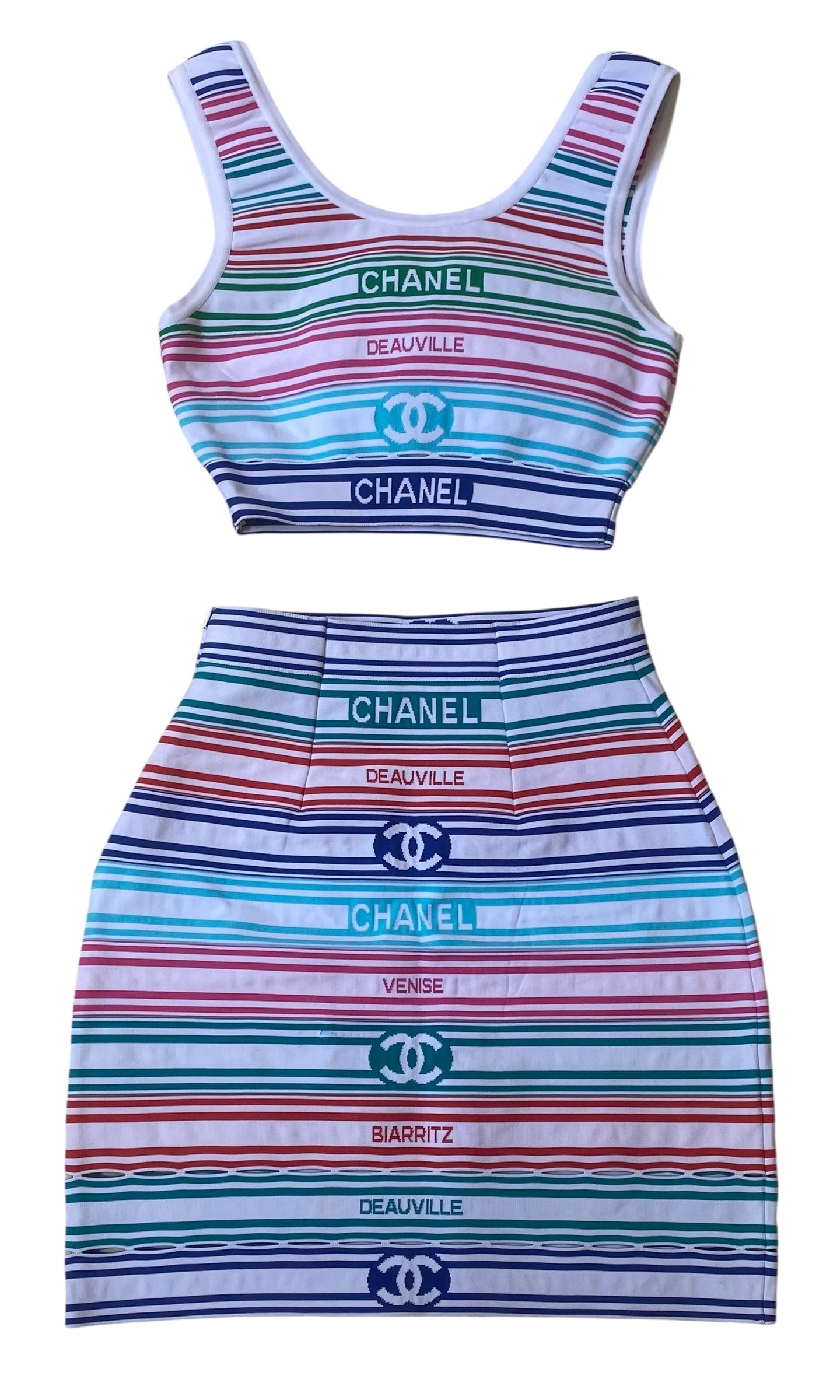 Chanel 19P Multicolor Stripe Crop Top and Skirt Set FR 36