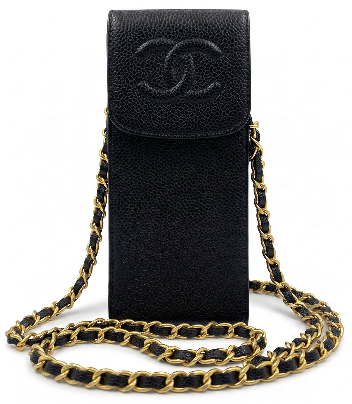 Chanel Vintage Black Caviar CC Phone Holder Pouch Chain Bag GHW
