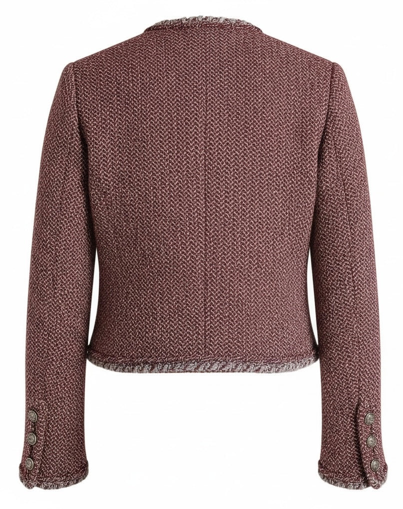 CHANEL 08A BURGUNDY GREY BRAIDED TRIM TWEED JACKET BLAZER FR 38