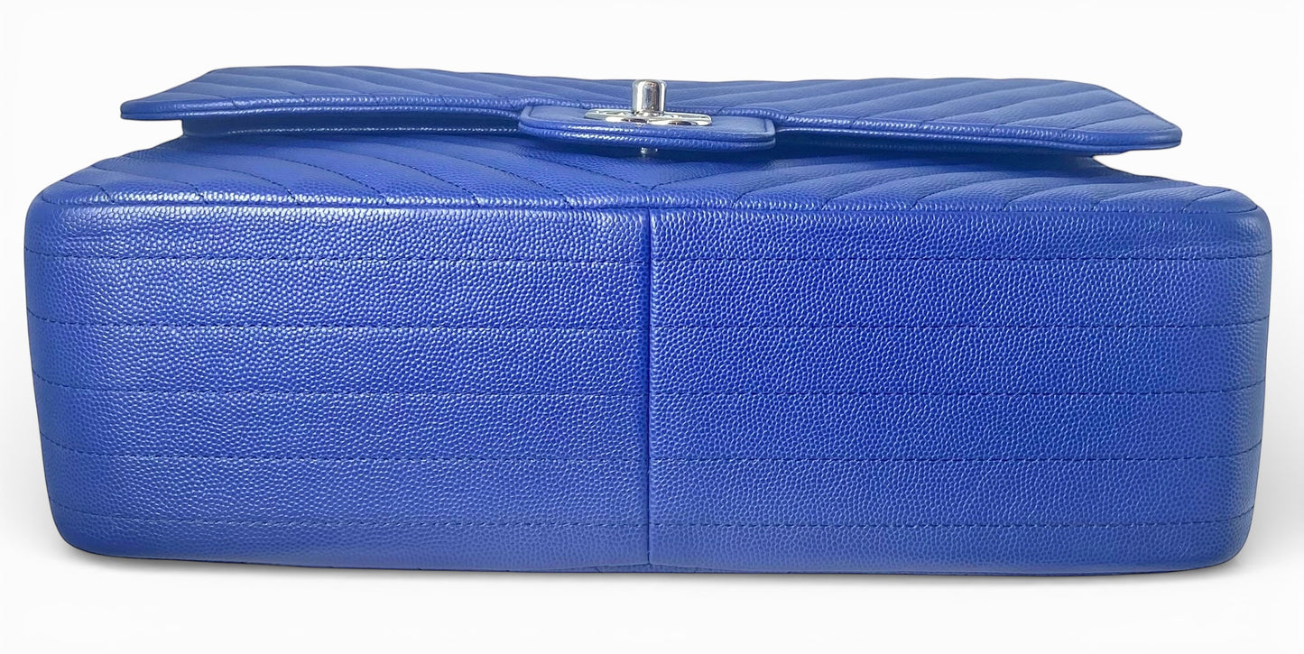 Chanel 2019 Caviar Royal Blue Jumbo Chevron Double Flap Timeless Classic Bag SHW