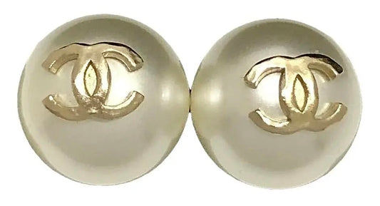 Chanel 14S XL Pearl Pale Champaign Gold Tone Stud Earrings