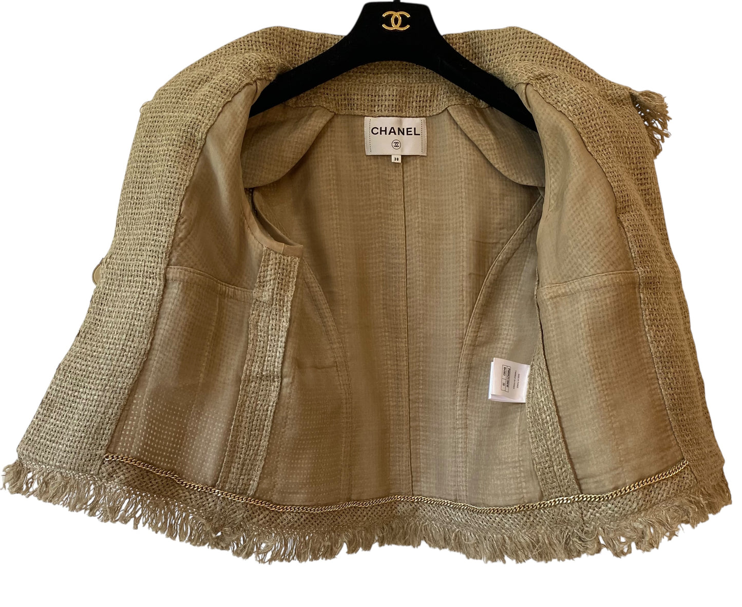 Chanel 18C Paris Greece Beige Horse Motif Button Raffia Linen Jacket FR 38