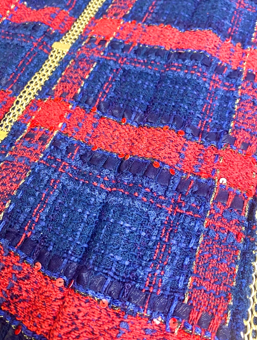 RARE CHANEL 08P RUNWAY BLUE RED GOLD CC MULTI CHAINS TWEED JACKET FR 44