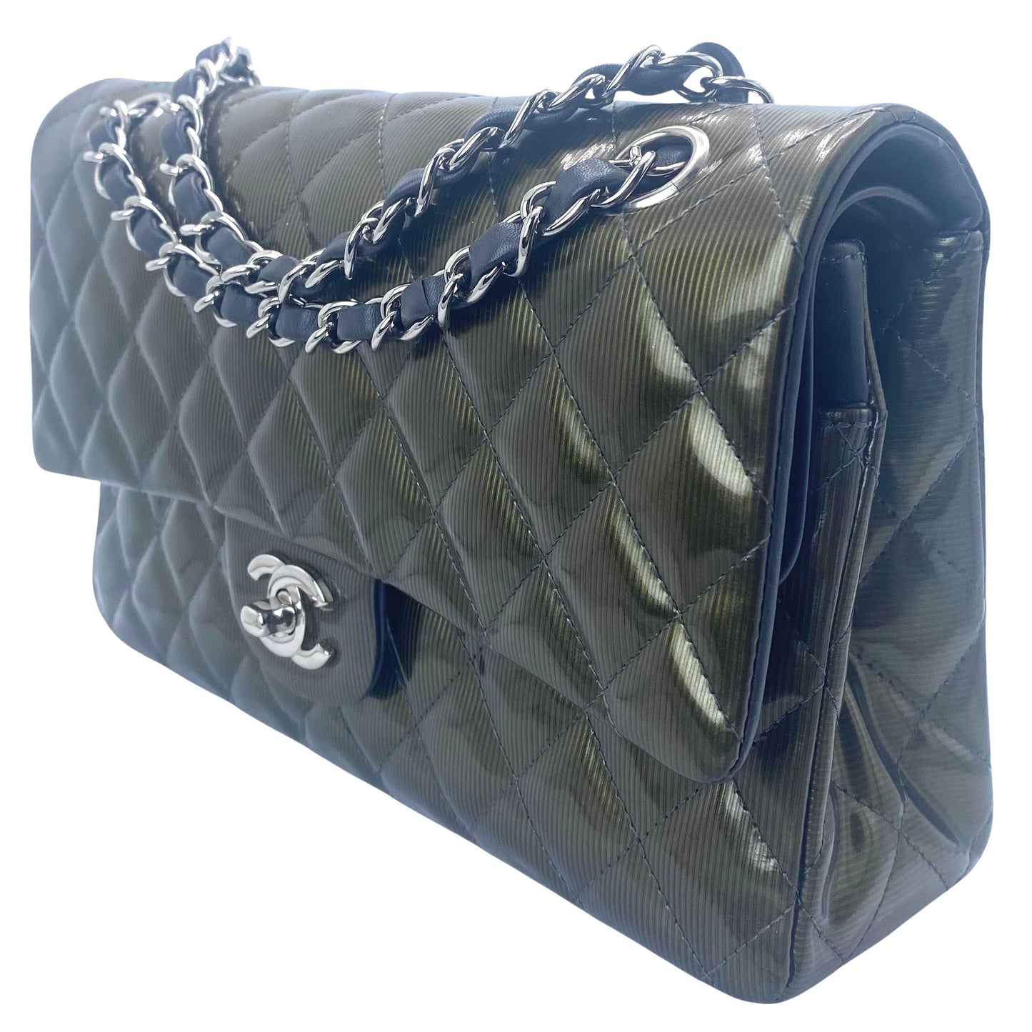 Chanel Medium Dark Green Straited Patent Leather Double Flap Timeless Classic Bag SHW