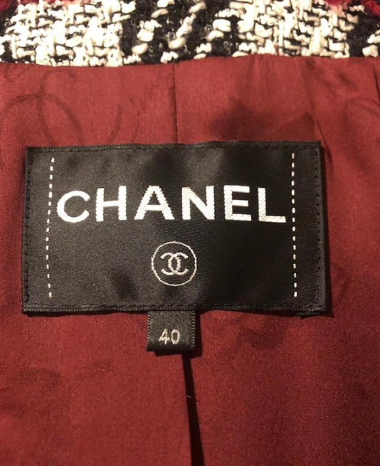 Chanel 16A Runway Burgundy Plaid Tweed Fringe Jacket FR 40