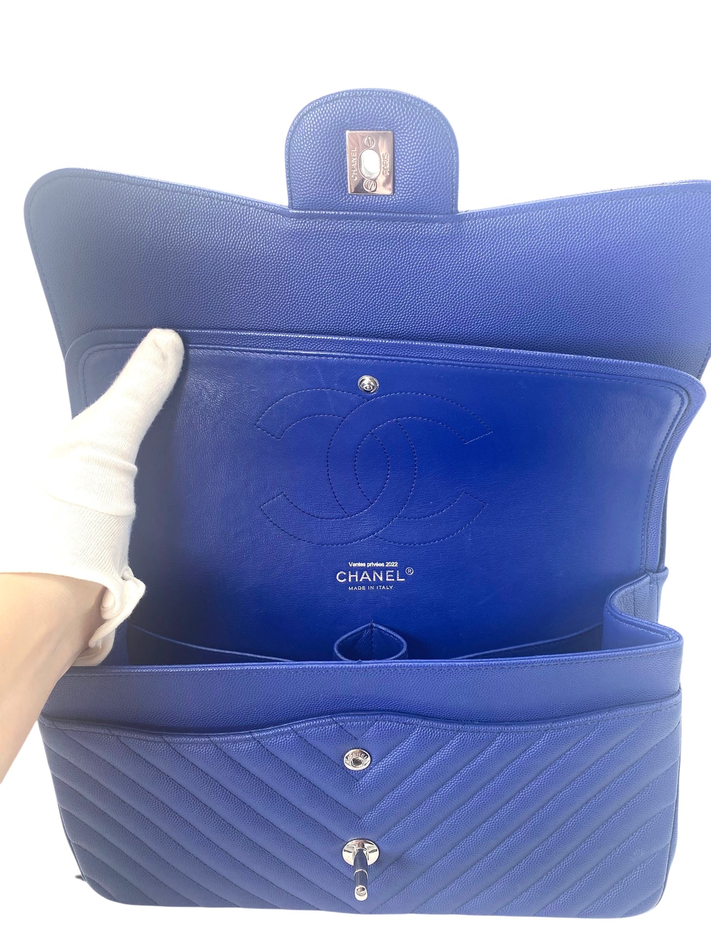 Chanel 2019 Bright Blue Caviar Chevron Quilted Jumbo Double Flap Timeless Classic Bag SHW
