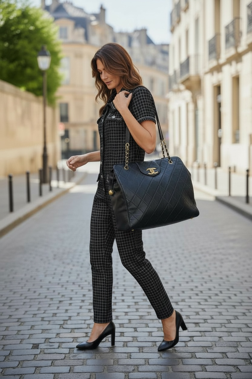 Chanel 20S Black Metallic Silver Iridescent One Piece Jumpsuit FR 38