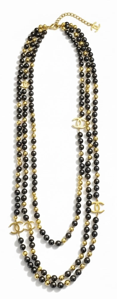 Chanel Airlines 2016 3 Strand 4 CC Extra Long Black Gold Mirror Statement Necklace