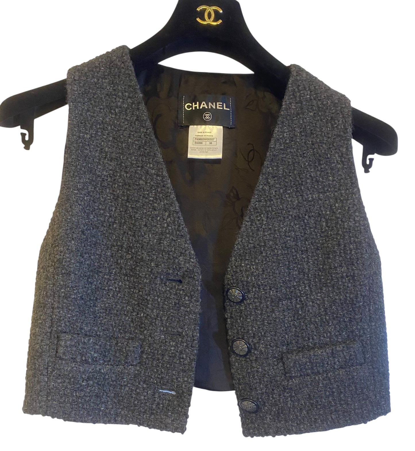 Chanel 14A Paris Dallas Grey Wool & Black Leather Vest Waistcoat FR 38
