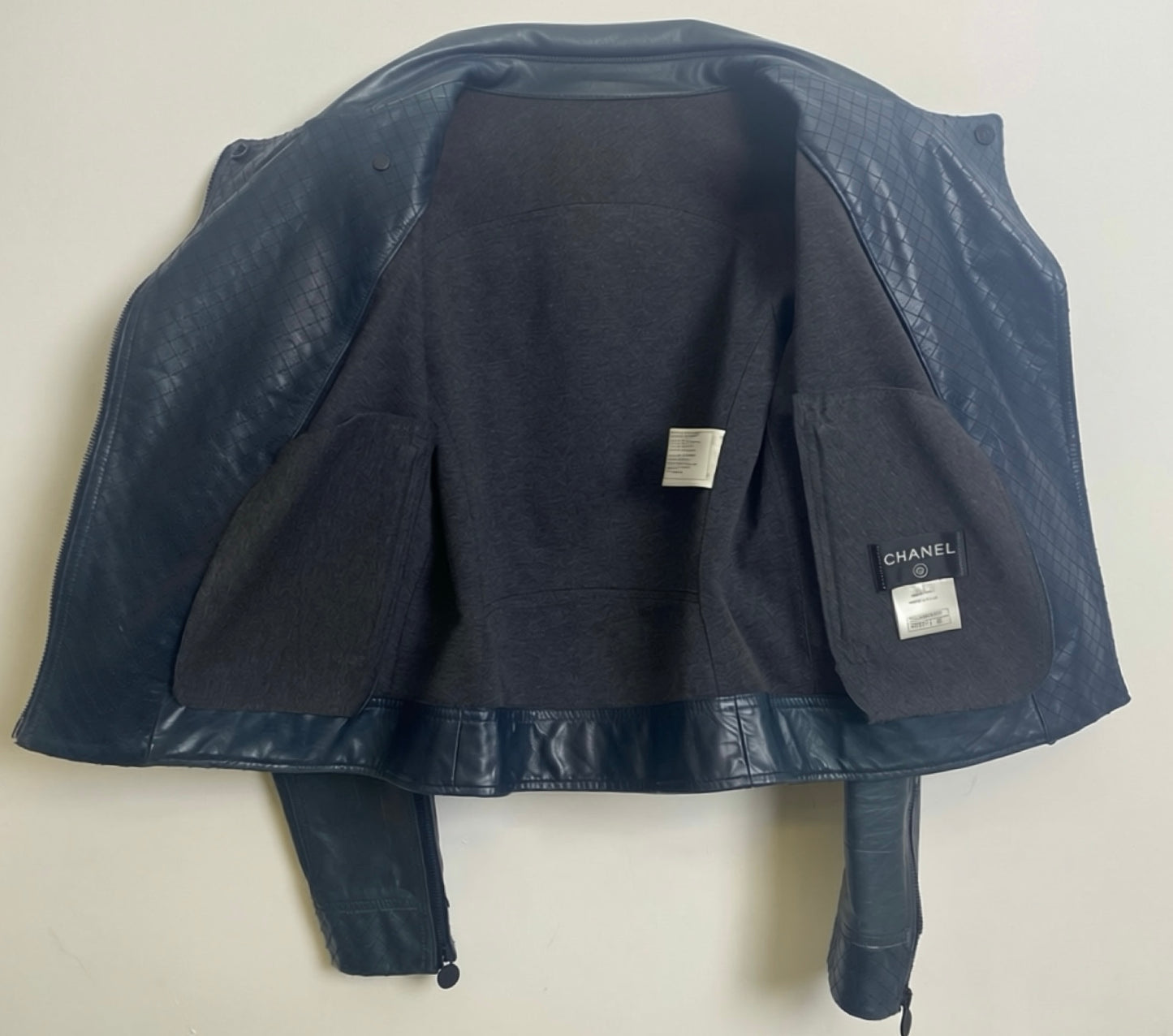 Chanel 12P Dark Blue Petrol Quilted Leather Biker Jacket FR 36