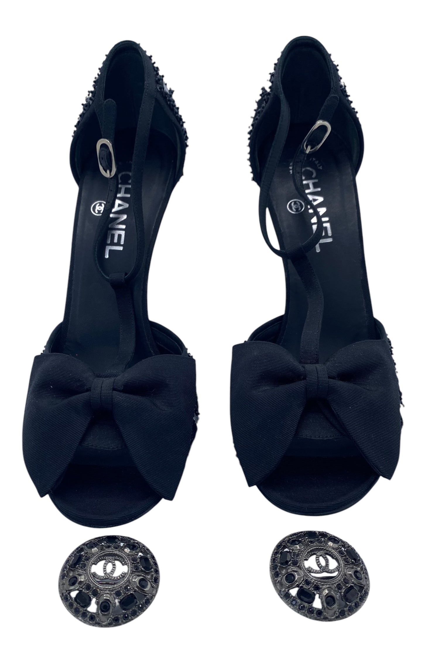 Chanel 09P Runway Black Sequin Bow CC Brooch Strap Heels Sandals EU 40