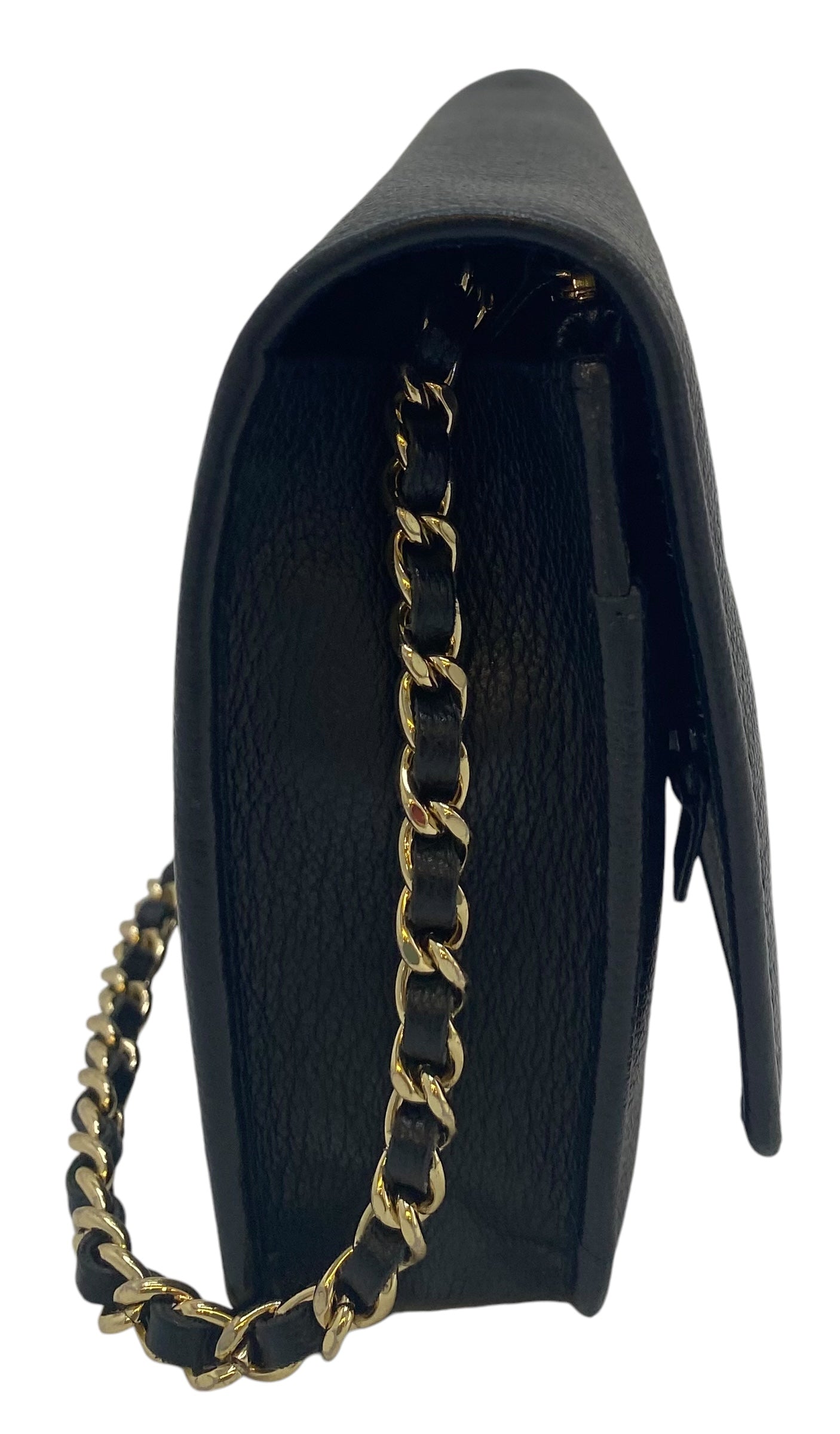 Chanel Grained Black Leather Camellia Wallet On Chain WOC Shoulder Bag GHW