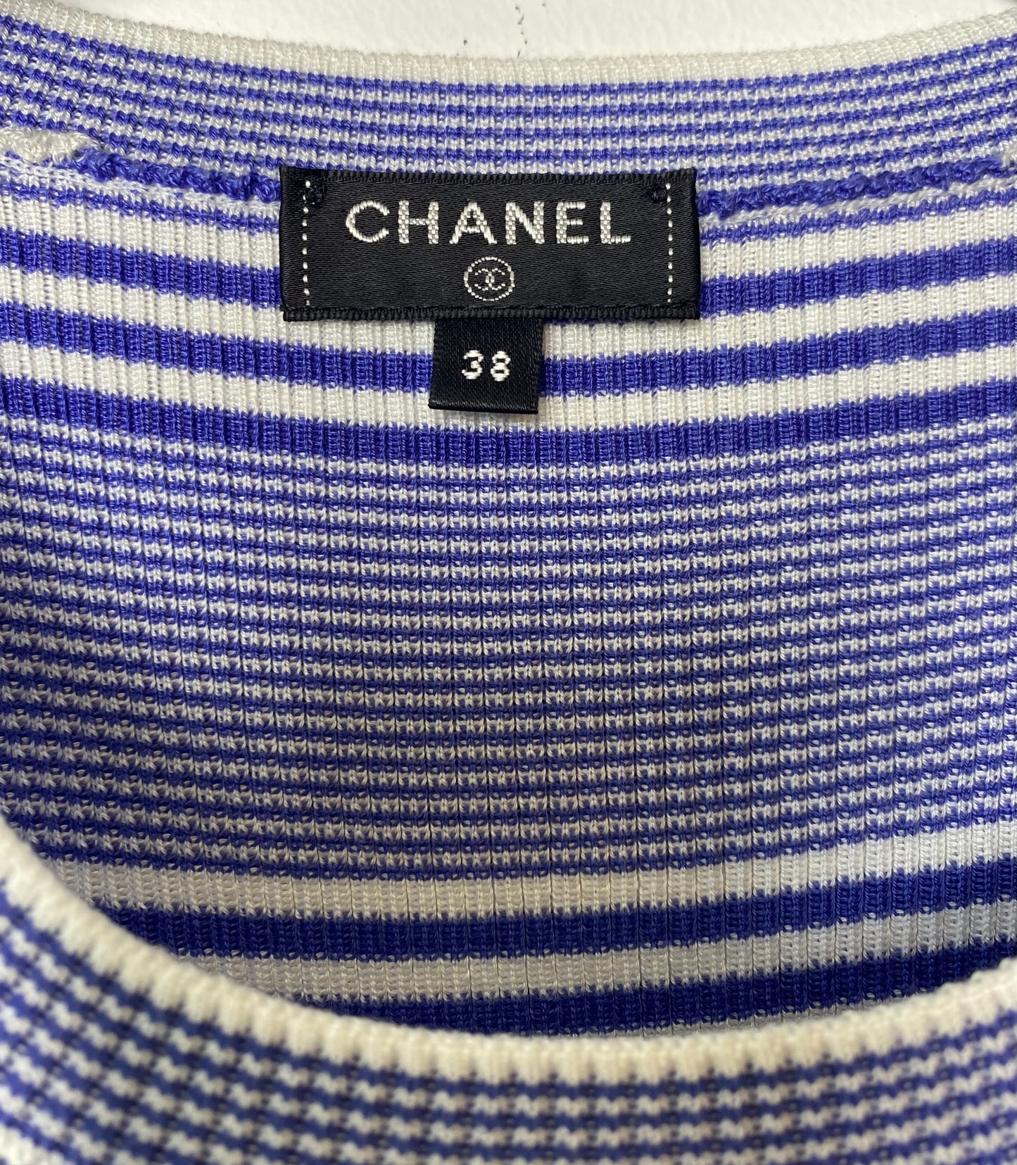 Chanel 19C La Pausa Blue White Striped Cotton Knit CC Logo Tank Top Blouse FR 38