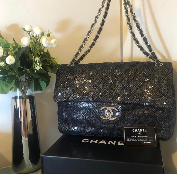 Chanel Black Hidden Sequins Mesh Jumbo Classic Flap Bag Silver Hardware