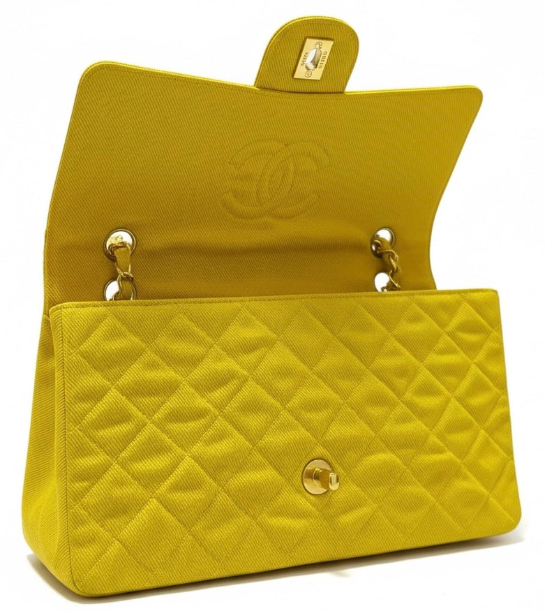 Vintage Chanel 1992 Yellow Denim Medium Classic Flap Bag 24K Gold Hardware