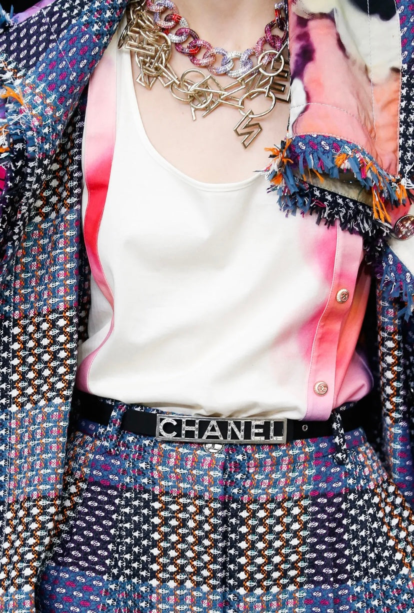 Chanel 15S Black Leather Grosgrain Crystal Letters Silver Buckle Belt Size 90/36