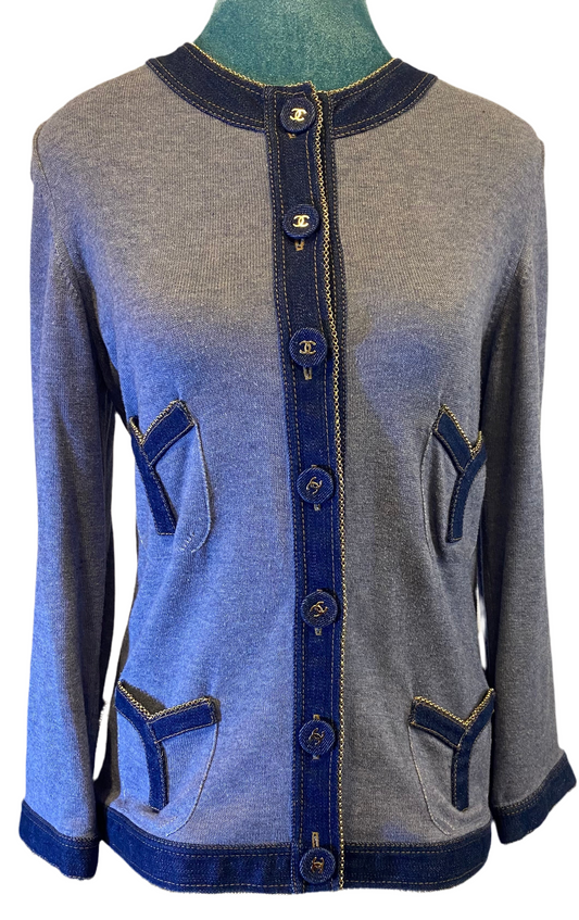 Chanel 07P Spring Blue Denim Trim Chain Link Cardigan Jacket Size FR 40/42