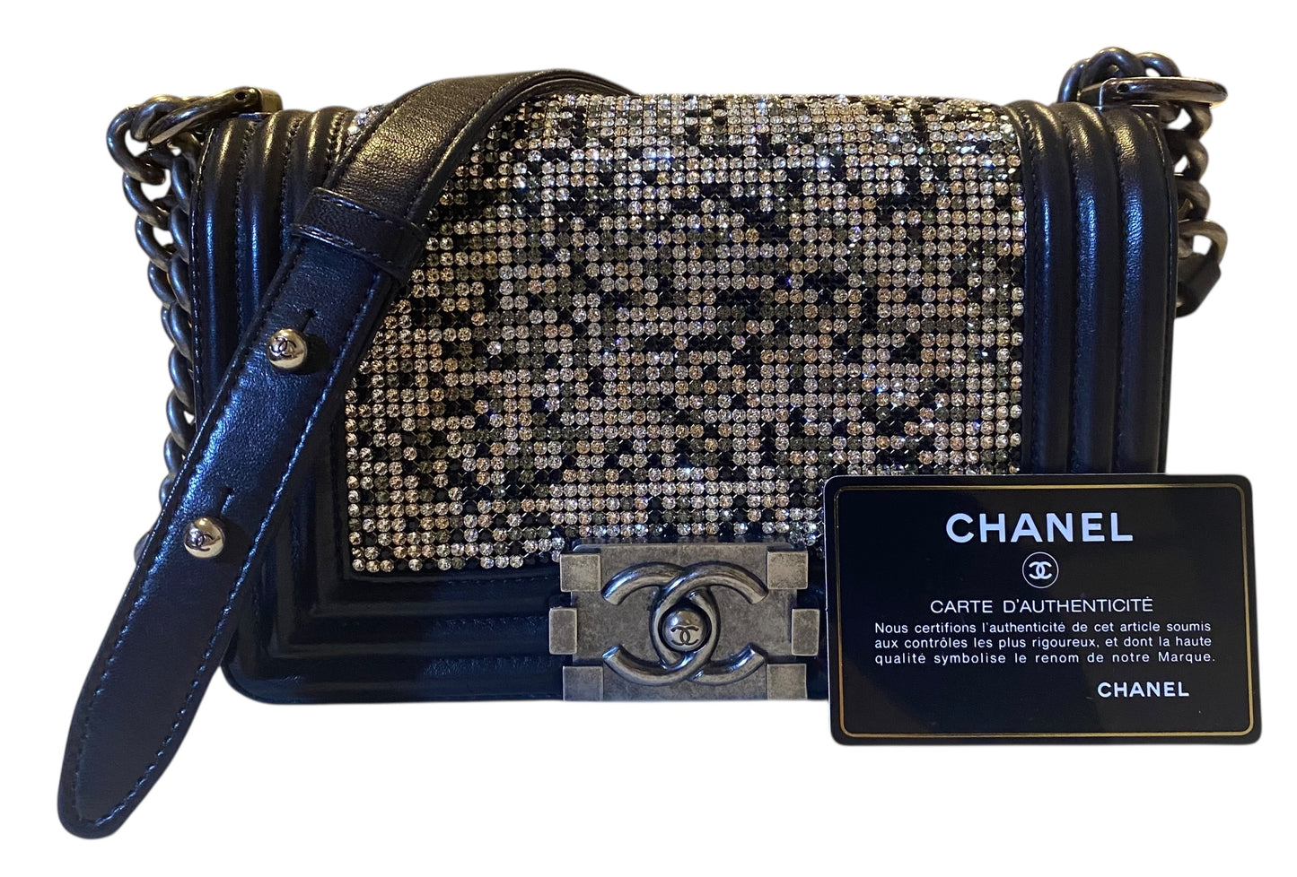 Chanel 14P Limited Edition Swarovski Crystals Strass Small Black Leather Boy Handbag