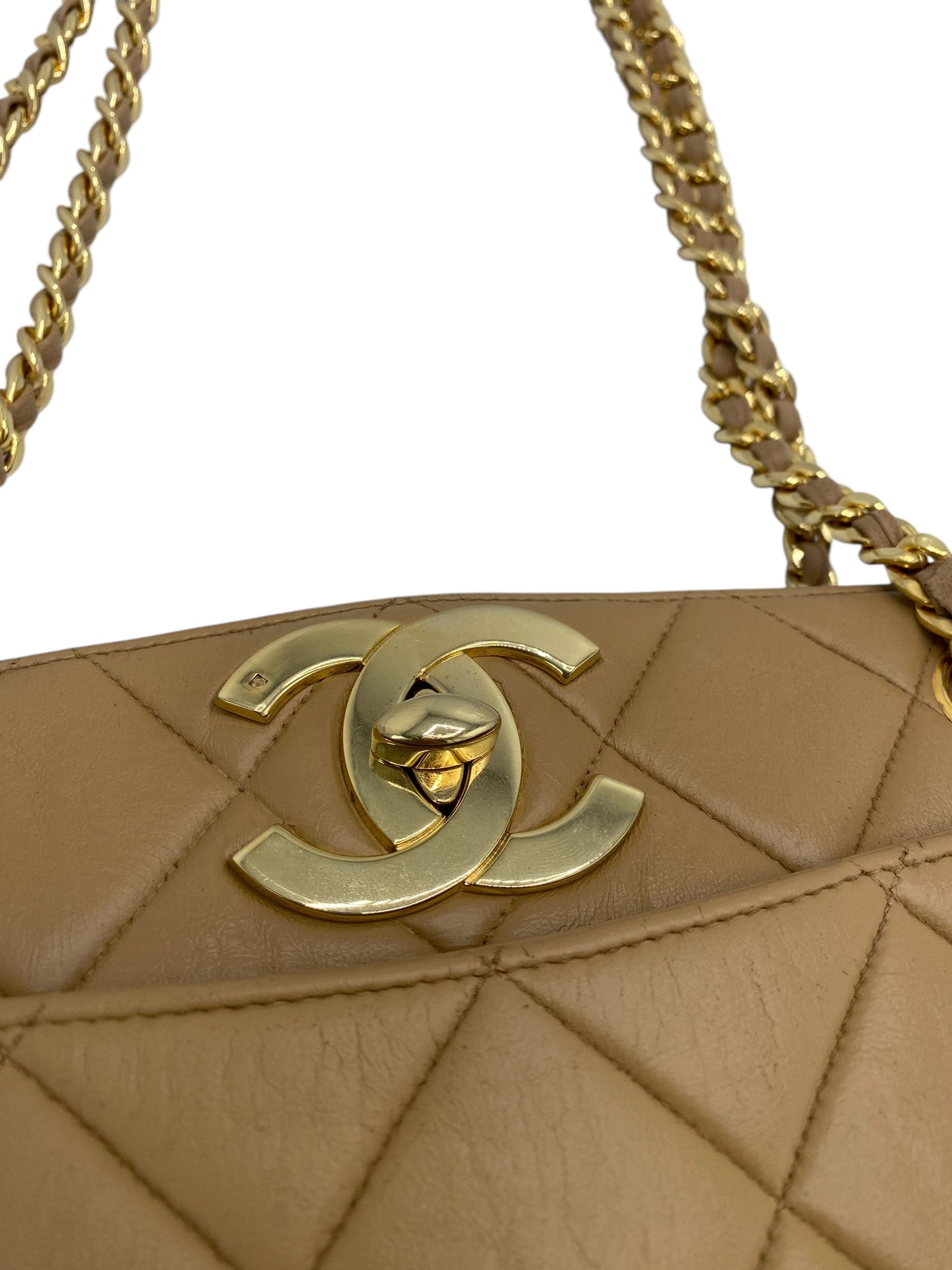Chanel 90s Vintage 24K Big CC Beige Lambskin Pocket Chain Tote Bag