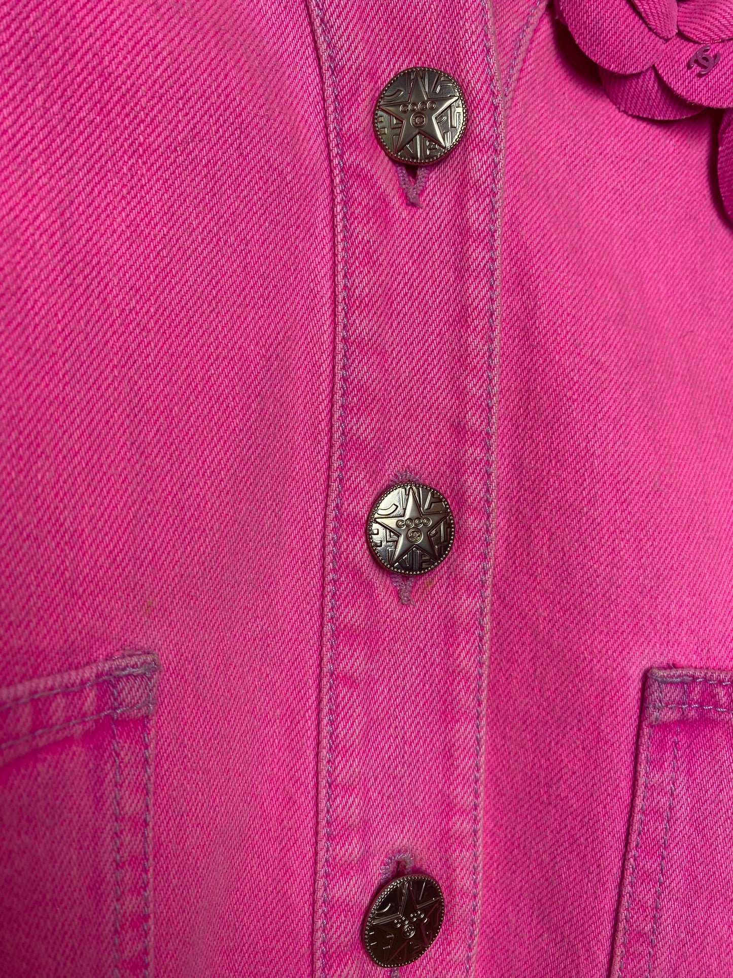 Chanel 21S Two Camellia Bright Neon Pink Denim Jacket FR 36