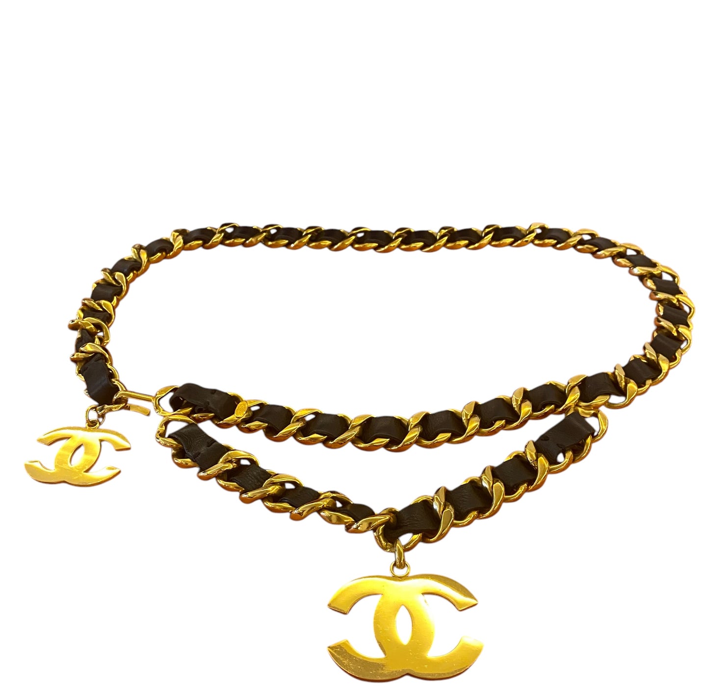 Iconic Vintage Chanel 93P Jumbo Gold Chain CC Logo Black Leather Belt Necklace