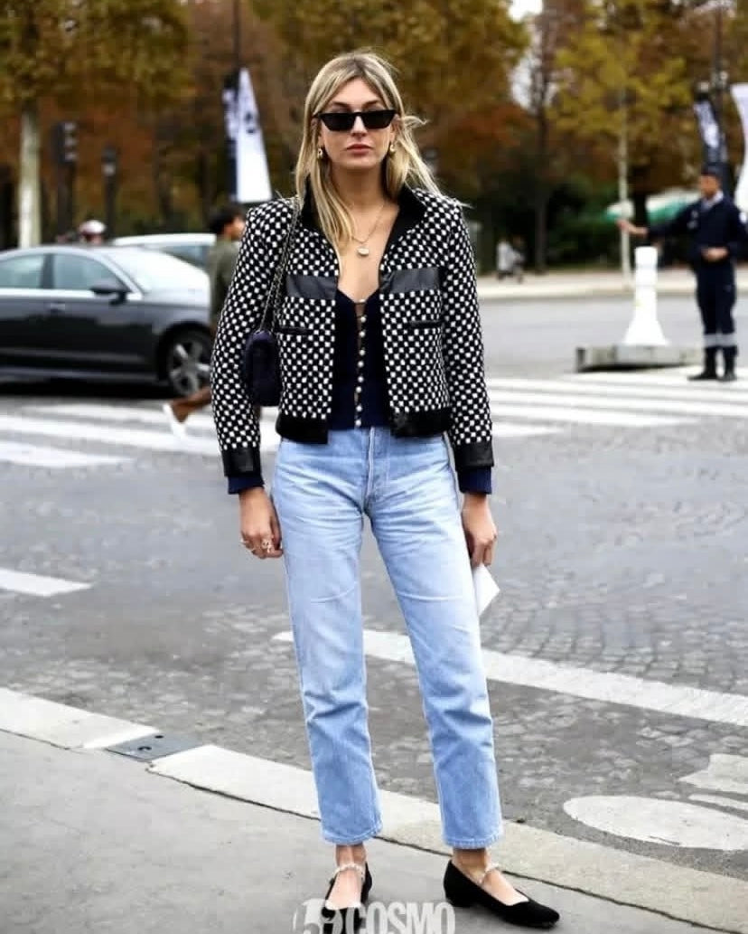 Chanel 17B Metropolitan Checker Sequin Leather Trim Zip Up Jacket FR 42