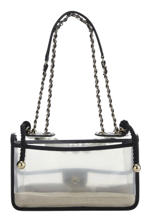Chanel 19S Runway Medium Black Lambskin PVC Sand By The Sea Pearl Strap Flap Bag