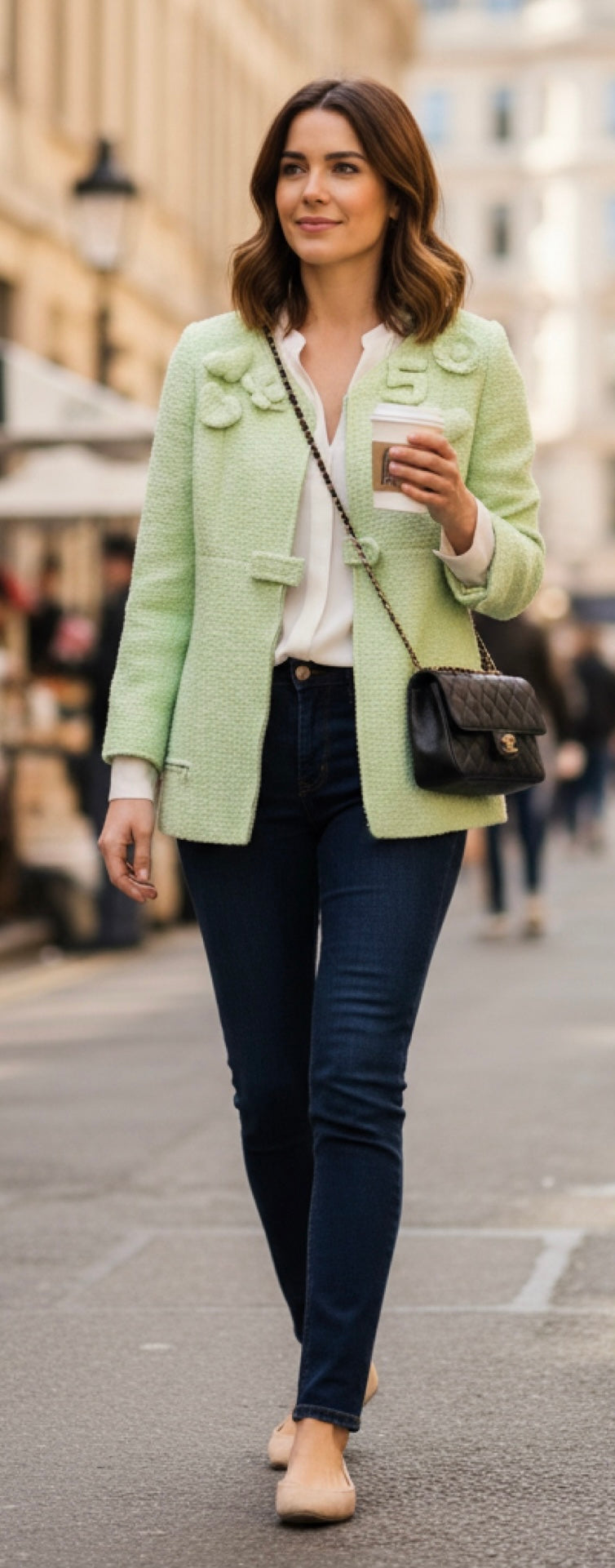 Chanel 04C Mint Green Tweed Boucle Zippered Appliqués Jacket FR 42